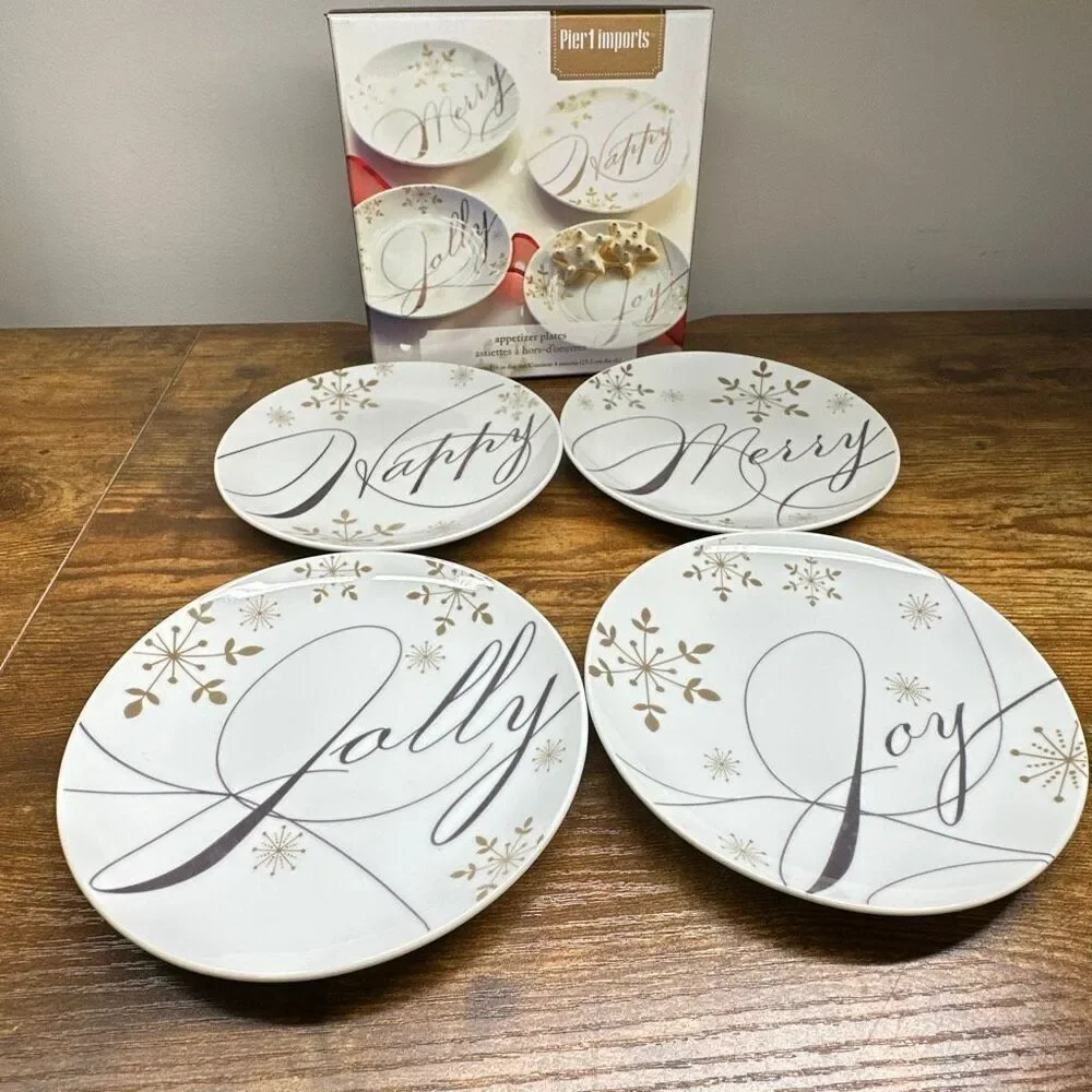 Pier 1 Imports appetizer plates Holiday Wishes set of 4 Original Box‎ Porcelain
